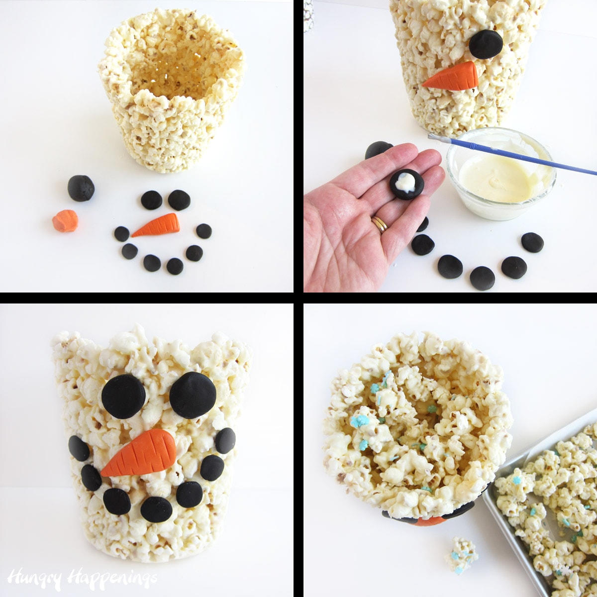 Decorate the snowman popcorn bucket with modeling chocolate.