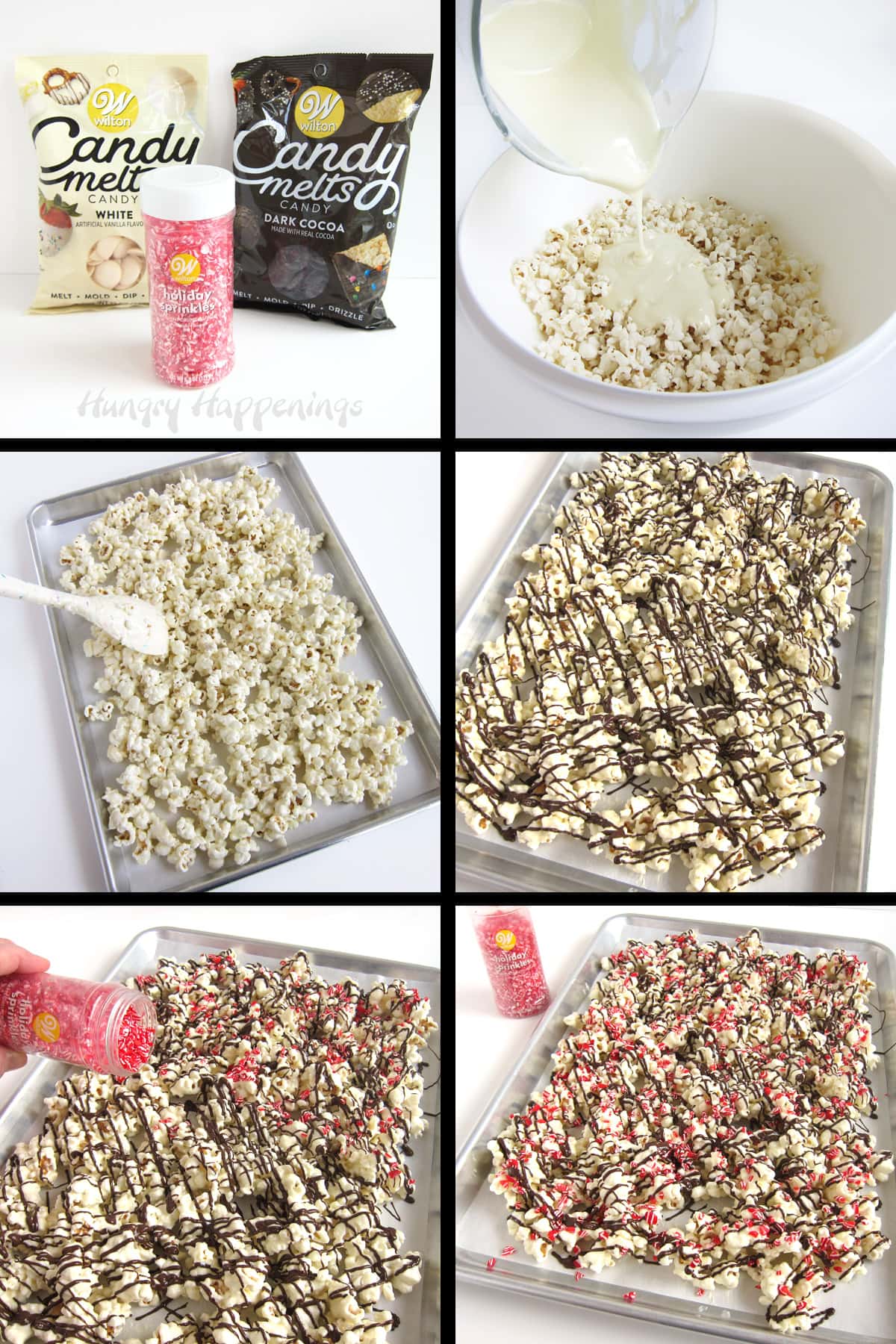 Toss popcorn with white chocolate then drizzle with dark chocolate and sprinkle on peppermint candies.