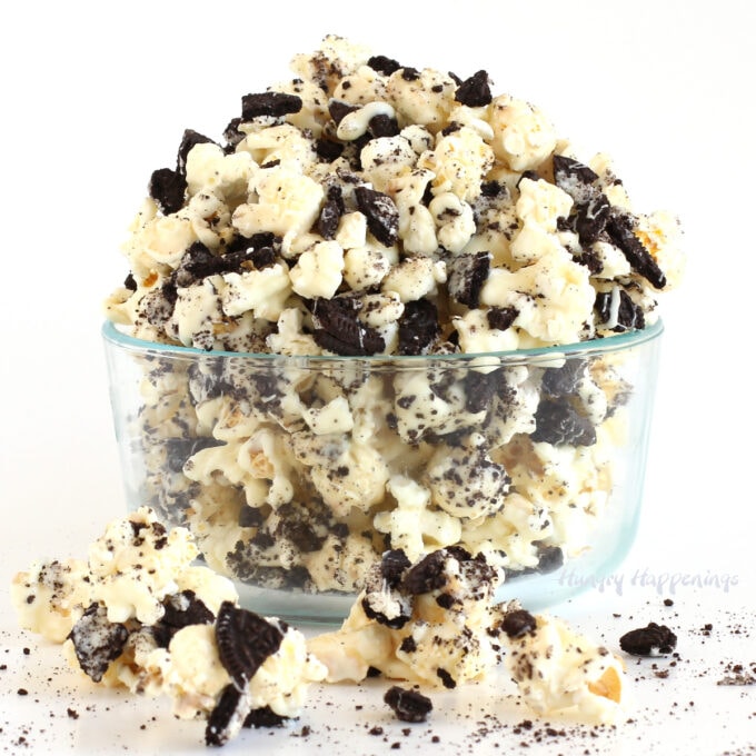 cookies and creamy popcorn coated in white chocolate and OREO Cookies
