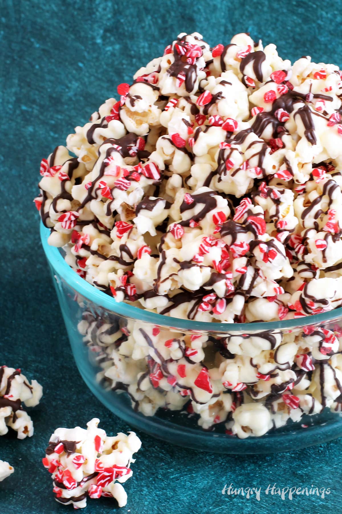 white chocolate peppermint pocorn drizzled with dark chocolate