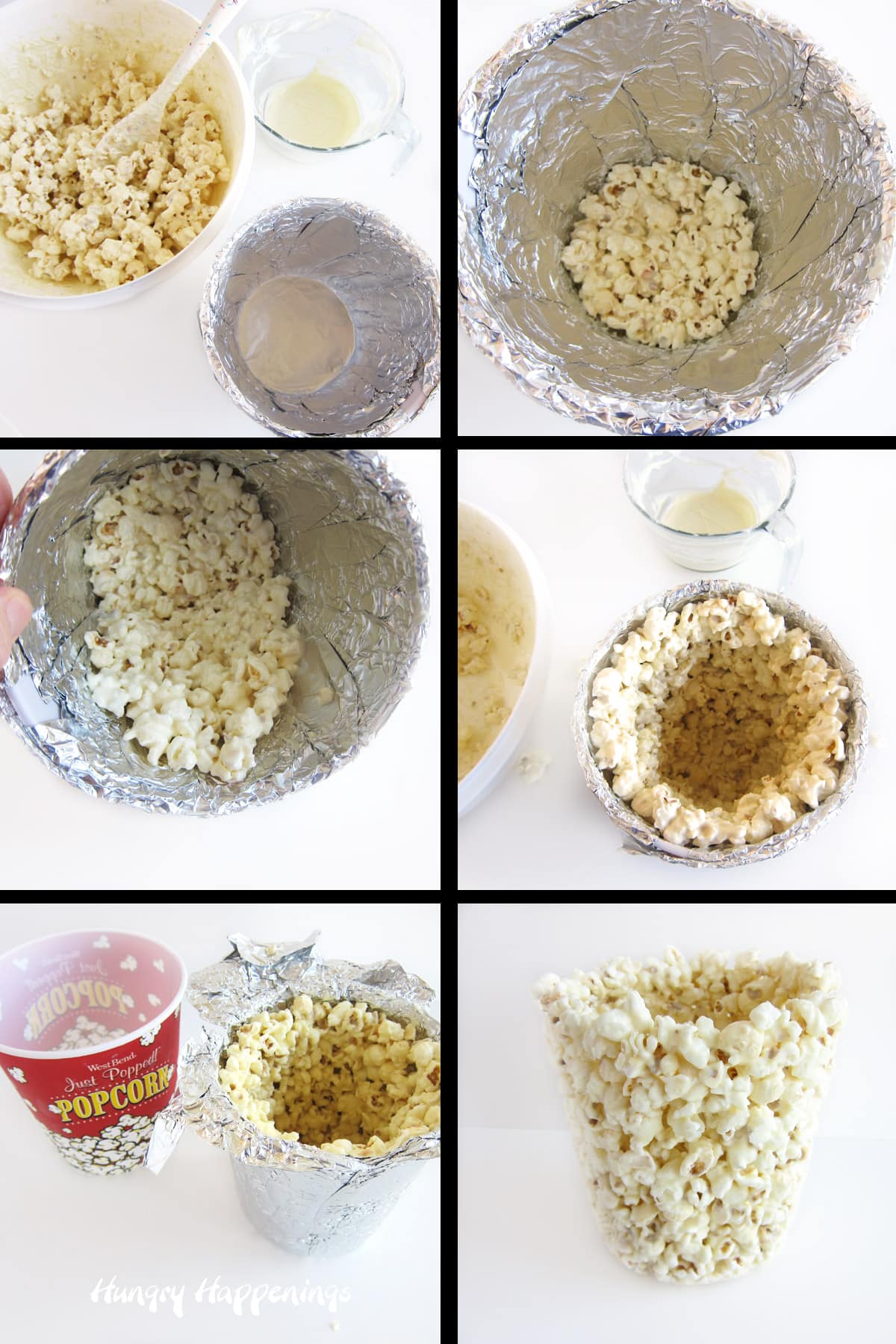 Create a bucket by pressing white chocolate popcorn inside a popcorn bucket.
