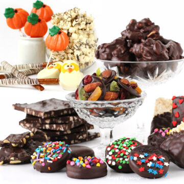 assorted homemade chocolates including chocolate pretzels, mendiants, bark, cookies, lollipops, and more