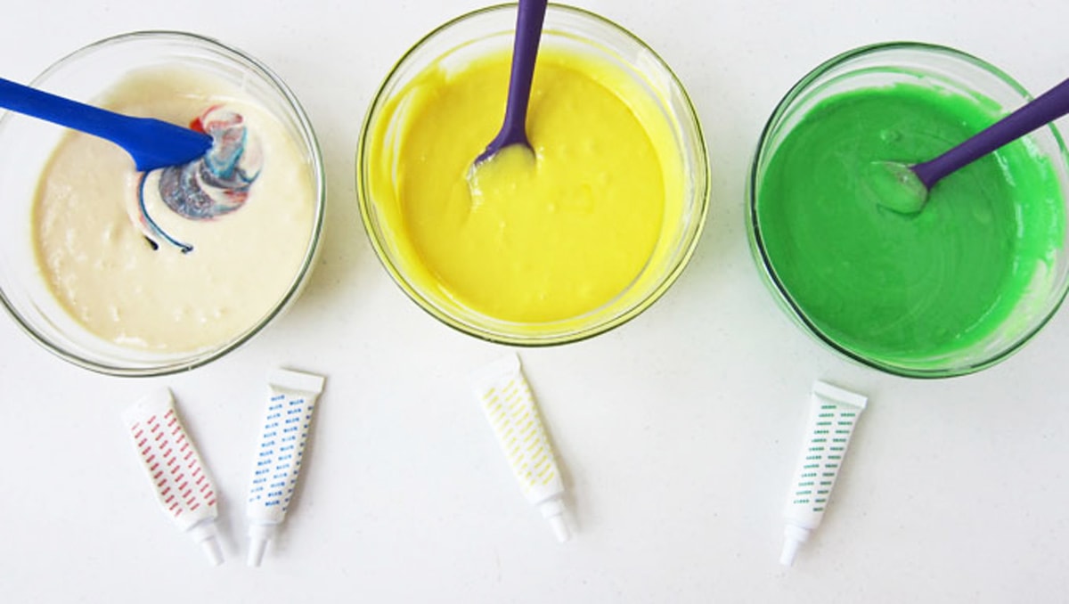 color white cake batter using yellow, green, and purple or red and blue food coloring