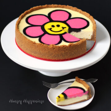 Daisy cheesecake with a pretty pink, smiley face daisy painted on top