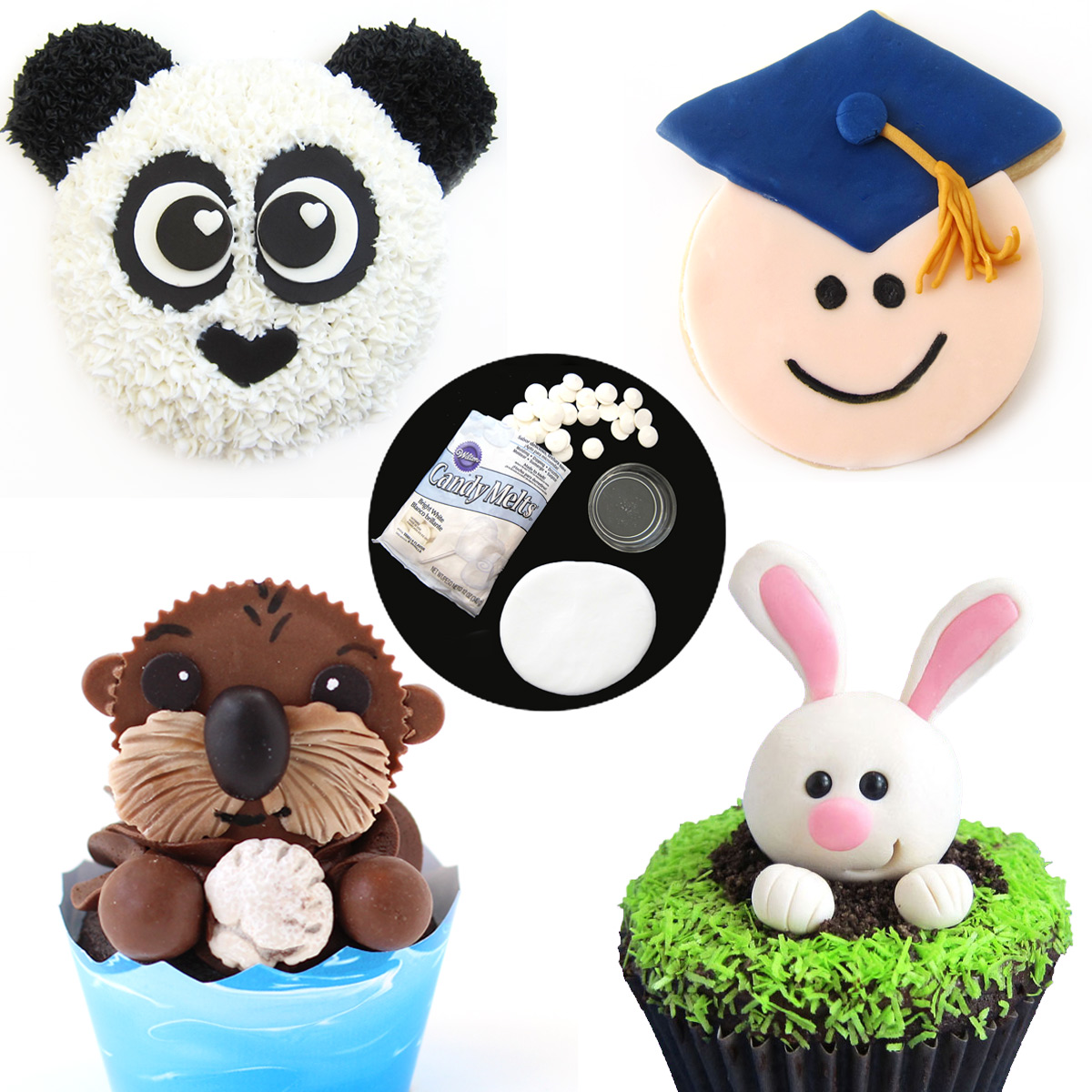 modeling chocolate decorations on a panda cake, graduation cookie, sea otter cupcake, and bunny cupcake
