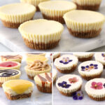 Mini cheesecakes served plain, topped with sauces, and decorated with edible flowers on a marble board