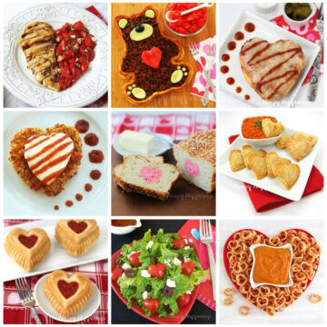 Assorted Valentine's Day meals including teddy bear taco tart and enchilada hearts