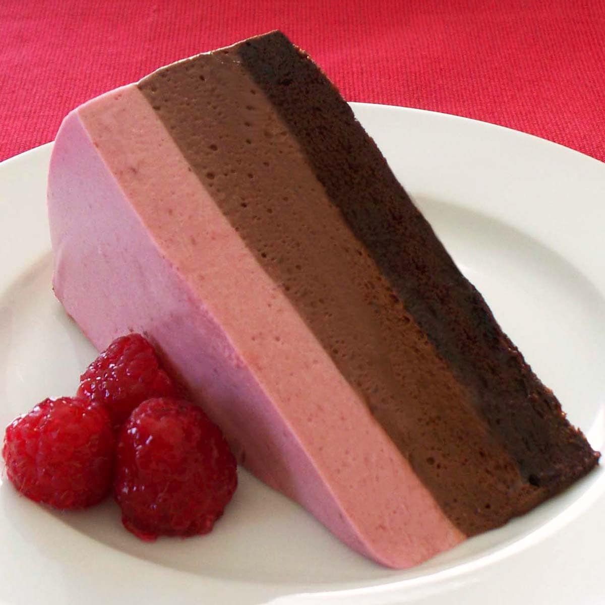 triple layer chocolate raspberry mousse cake.