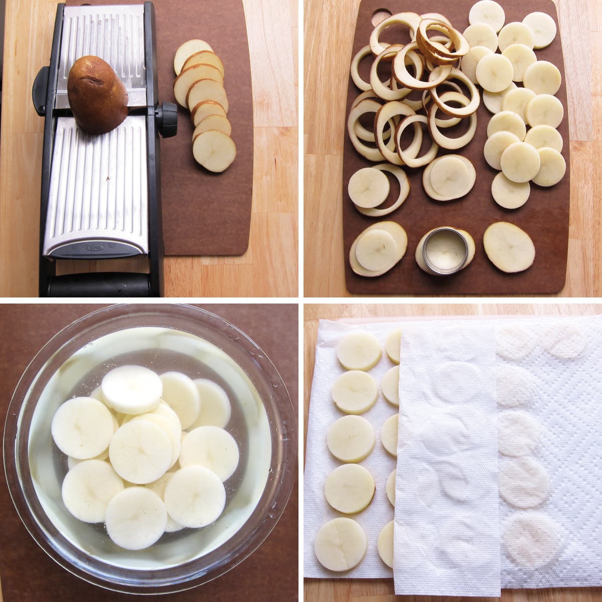 slice a potato on a mandolin then soak in water and pat dry