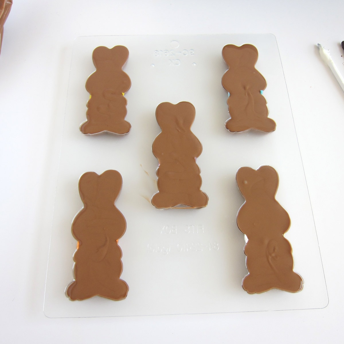 Bunny candy mold filled with milk chocolate.