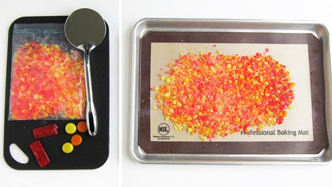 crushed red, orange, and yellow hard candies