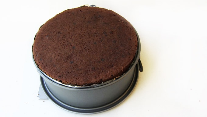 springform pan layered with brownie cake layers