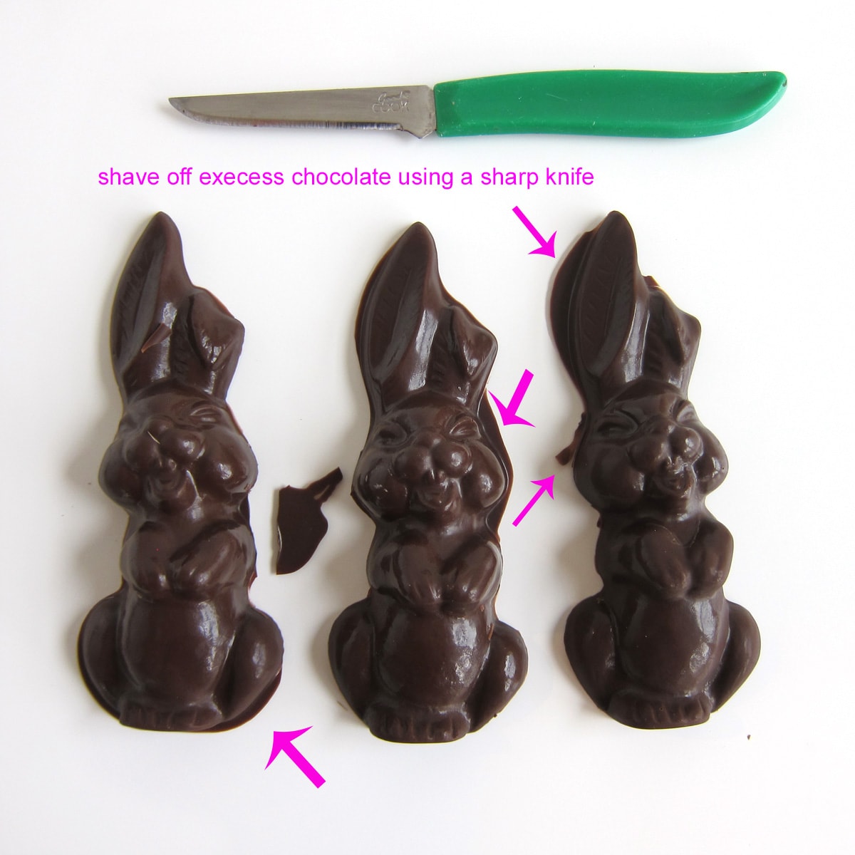 chocolate bunnies needing excess chocolate to be shaved off using a knife