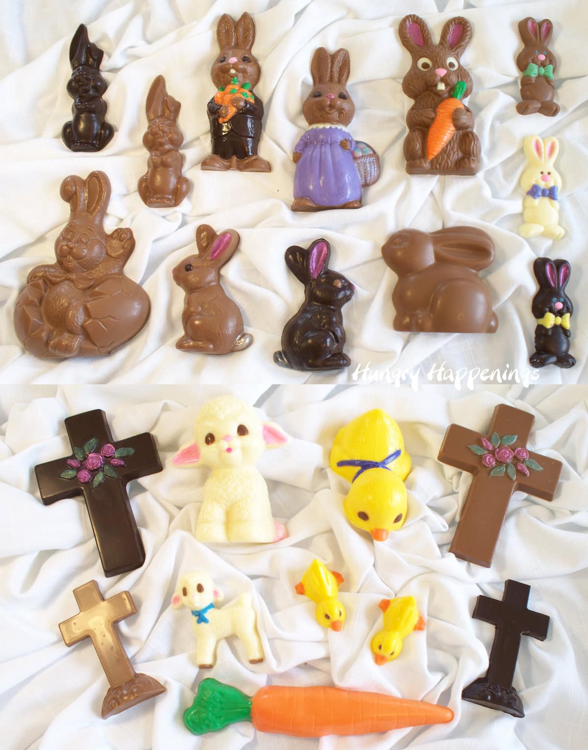 Solid chocolate bunnies, crosses, lambs, ducks, and carrots.