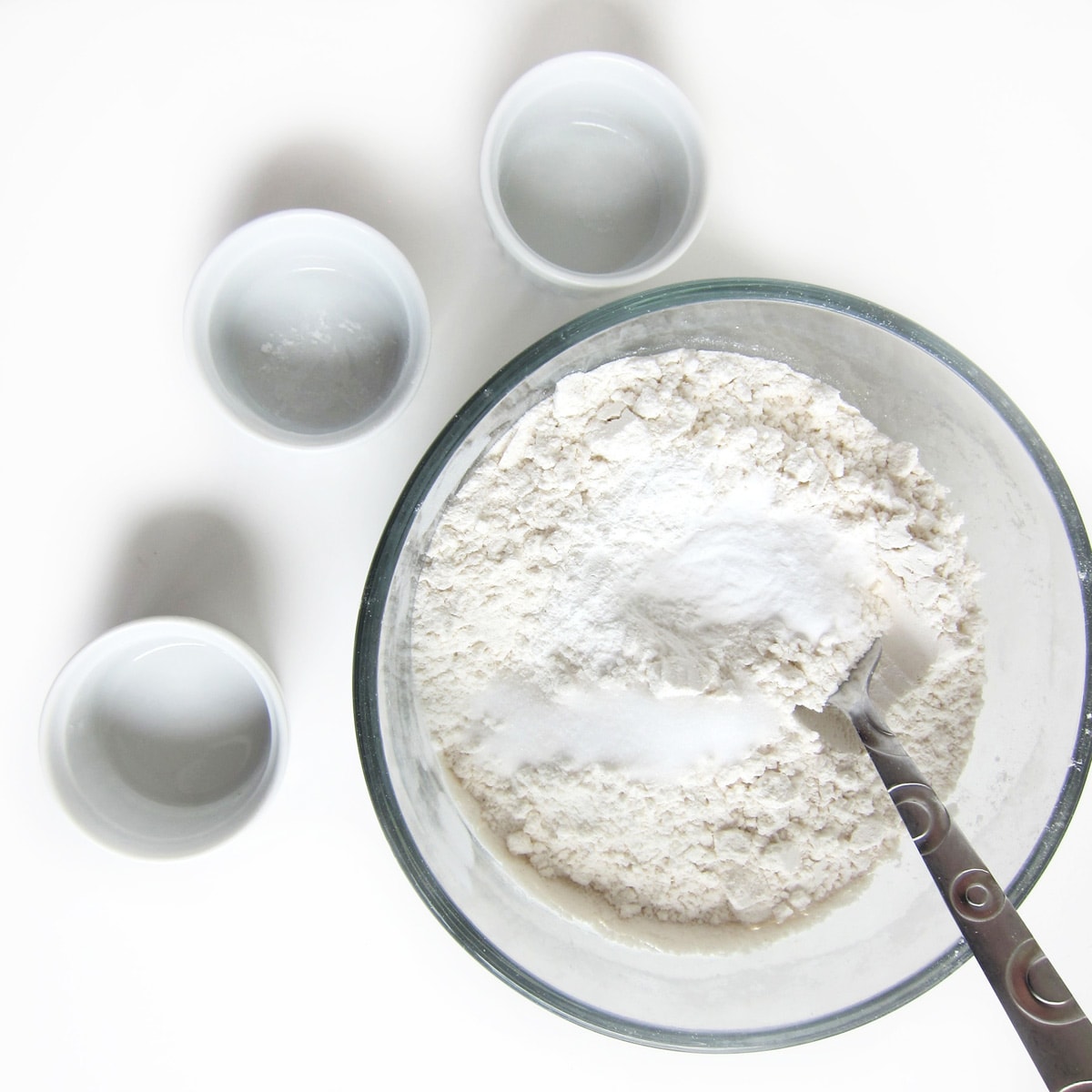 Mix dry ingredients including all-purpose flour, baking soda, baking powder, and salt.