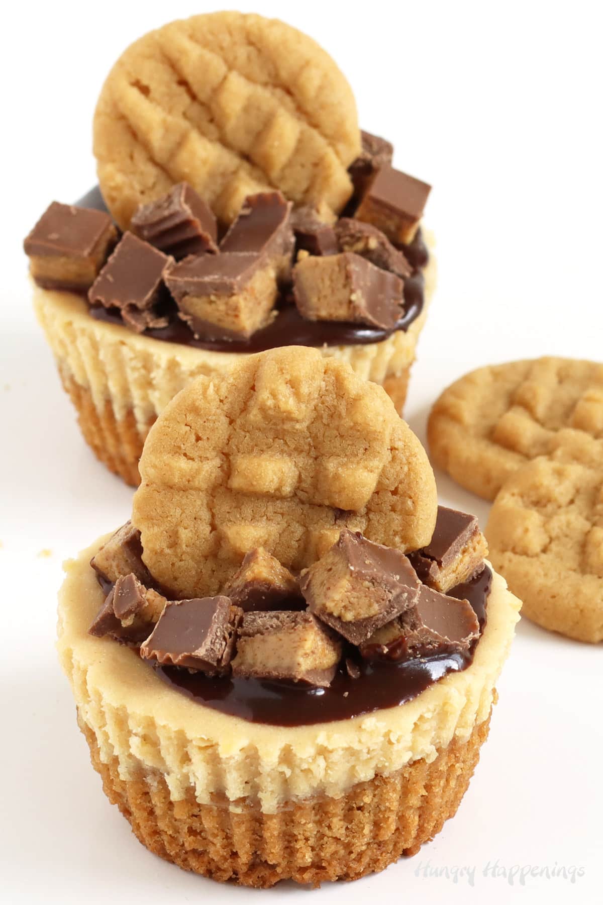 Mini Reese's Peanut Butter Cup Cheesecakes topped with chocolate ganache and mini peanut butter cookies.
