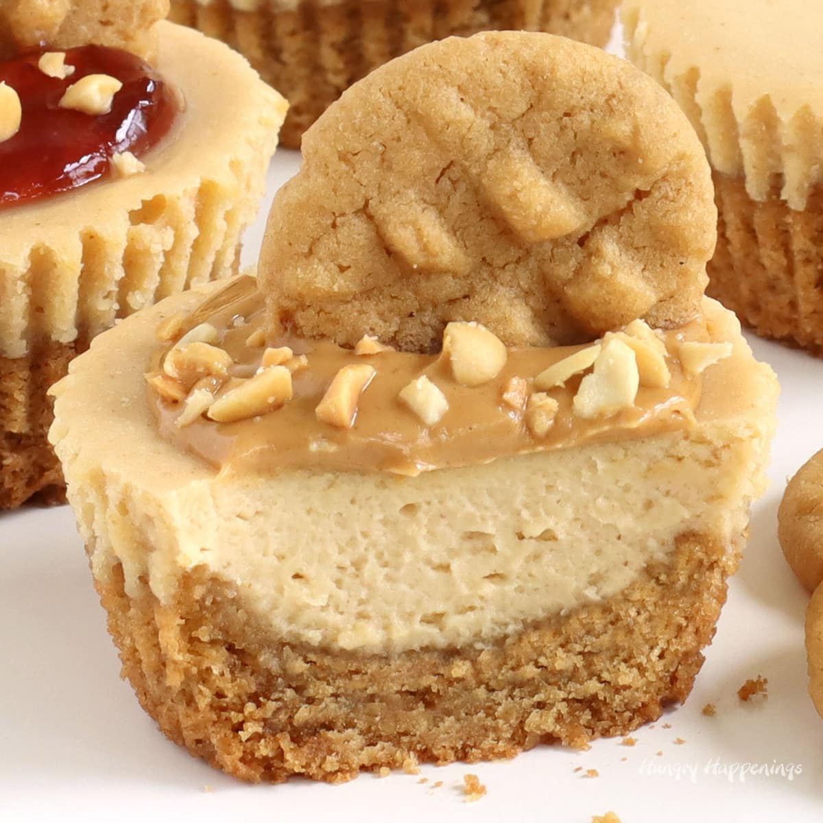 Peanut butter cookie cup topped with peanut butter cheesecake filling, more peanut butter, chopped peanuts, and a mini peanut butter cookie.
