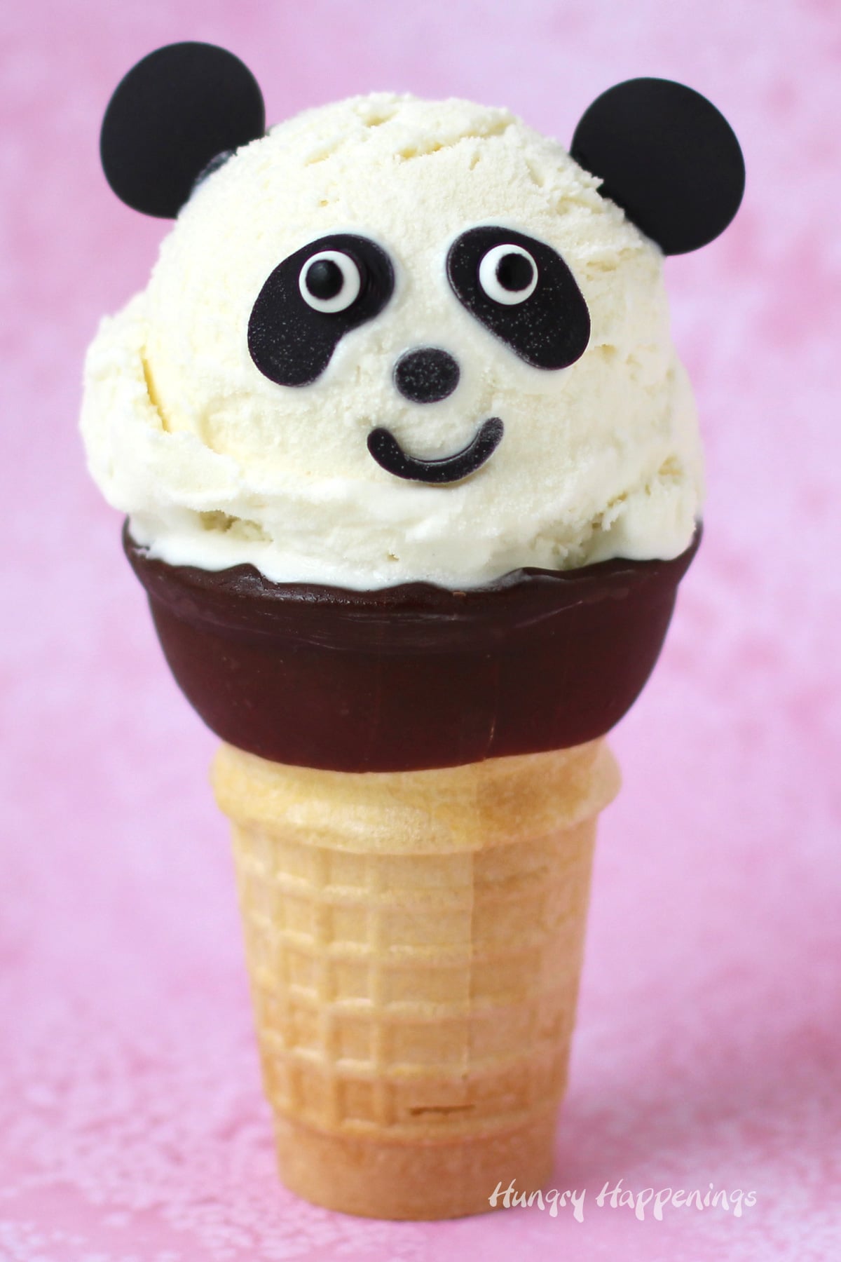 ice cream cone panda with vanilla ice cream and chocolate on a cake cone.