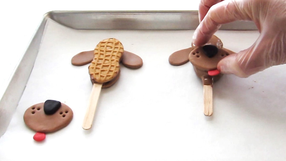 adding a modeling chocolate snout to a chocolate dog.