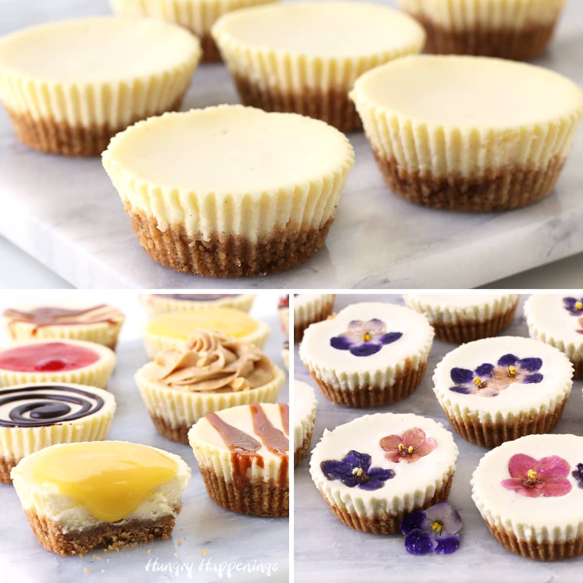 Mini cheesecakes collage of images with plain cheesecakes, cheesecake cups with toppings, and decorated edible flower cheesecakes.