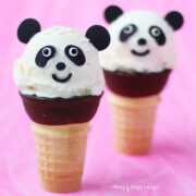 panda ice cream cones decorated with chocolate eyes, ears, nose, and mouth