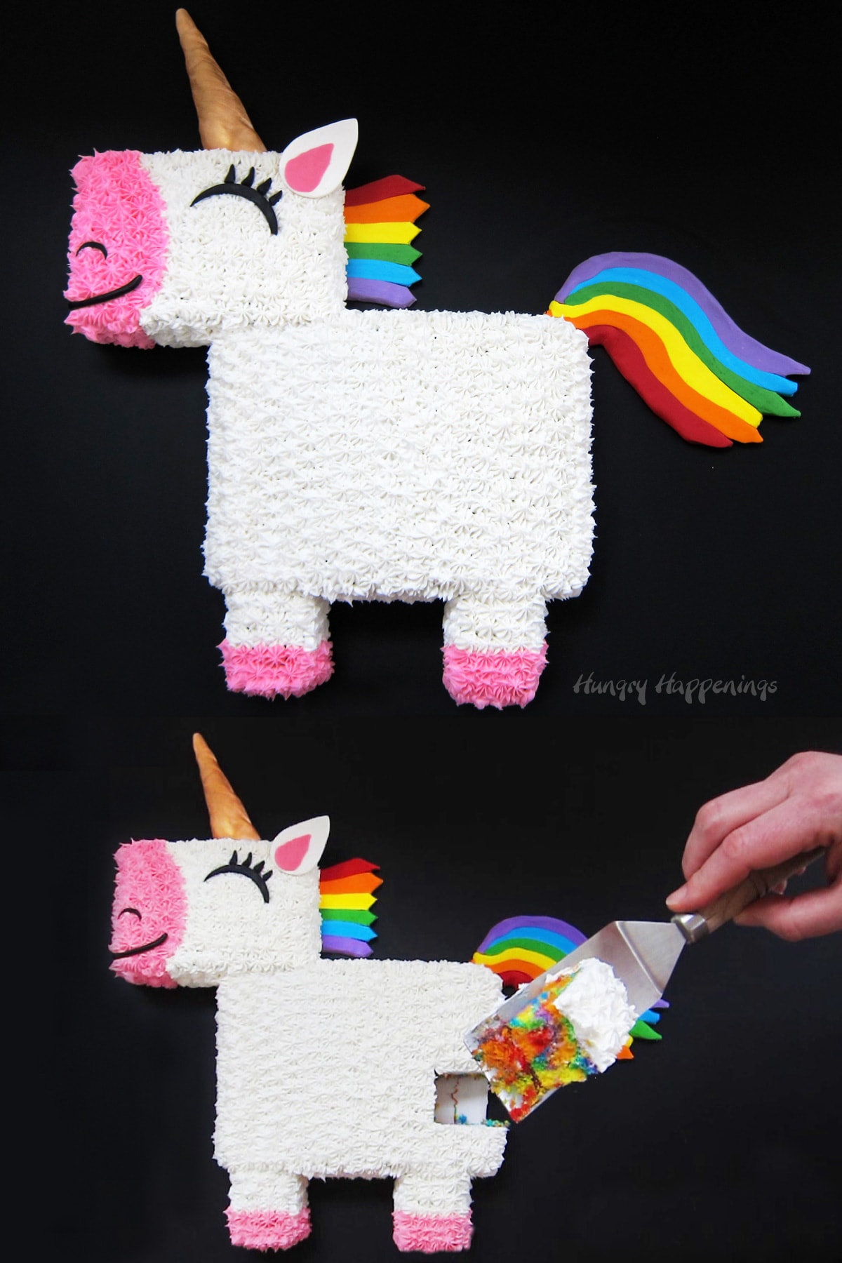 1 whole rainbow unicorn cake and 1 with a cut taken out showing the rainbow cake inside.
