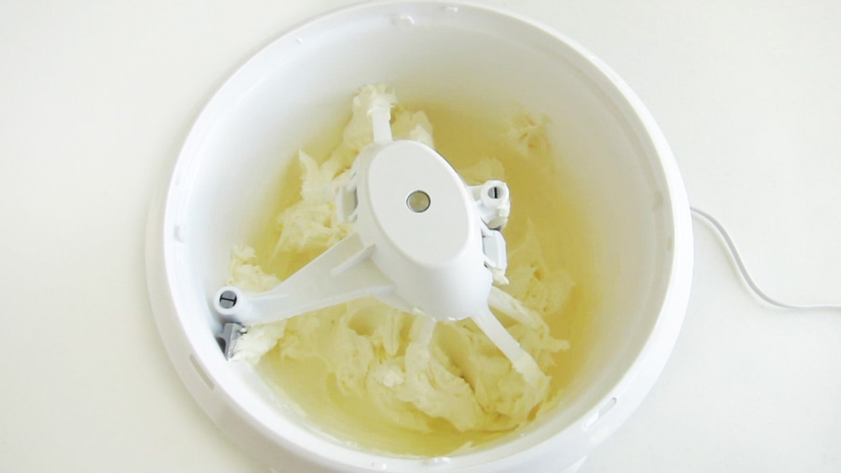 whipped cream cheese in a mixer.