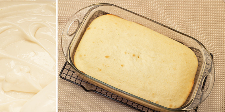 white cake batter and a white cake baked in a glass 9x13-inch pan set on a cooling rack.