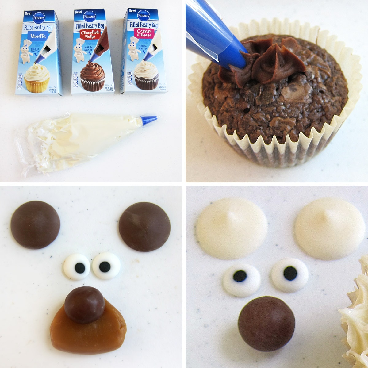 easy bear cupcakes ingredients including pre-filled frosting tubes, cupcakes, light cocoa candy melts, white candy melts, candy eyes, malt balls, caramel.