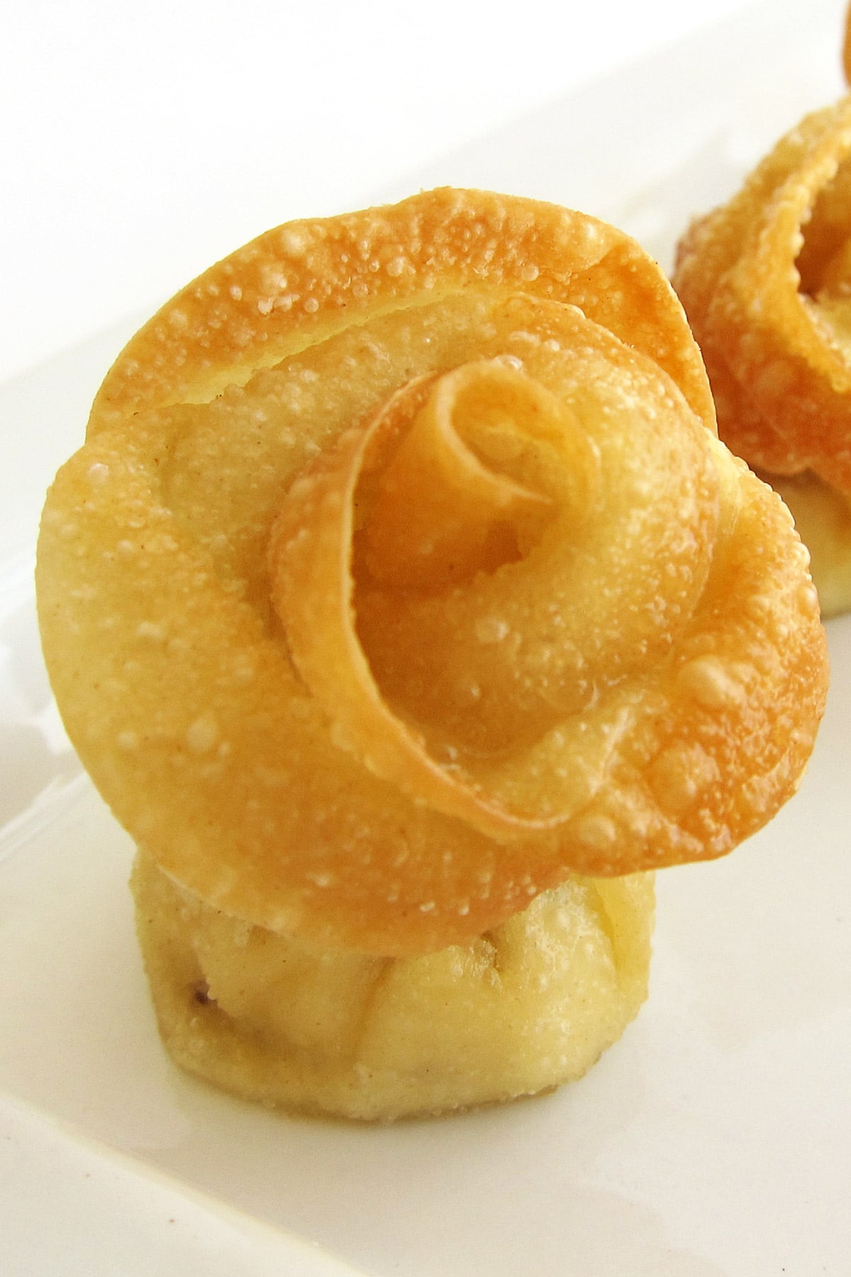 a fried won ton rose filled with flavored cream cheese served on a white appetizer platter.