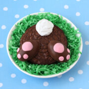 brownie bunny butt with cute Reese's Peanut Butter Cup Egg paws, and a fluffy white tail served in green-colored coconut.