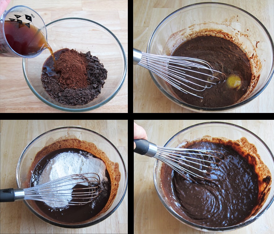 making chocolate cake batter using chocolate, cocoa powder, coffee, eggs, vanilla, flour, baking soda, and salt .