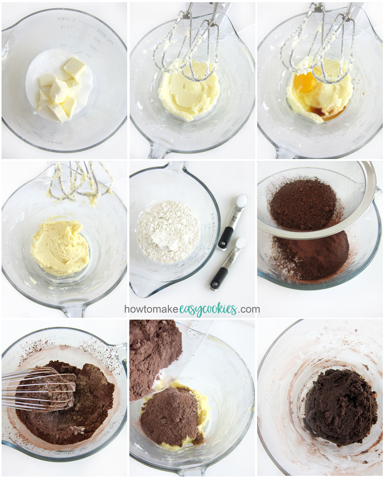 making chocolate cookie dough by blending butter, sugar, egg, vanilla, flour, baking powder, salt, and cocoa powder.