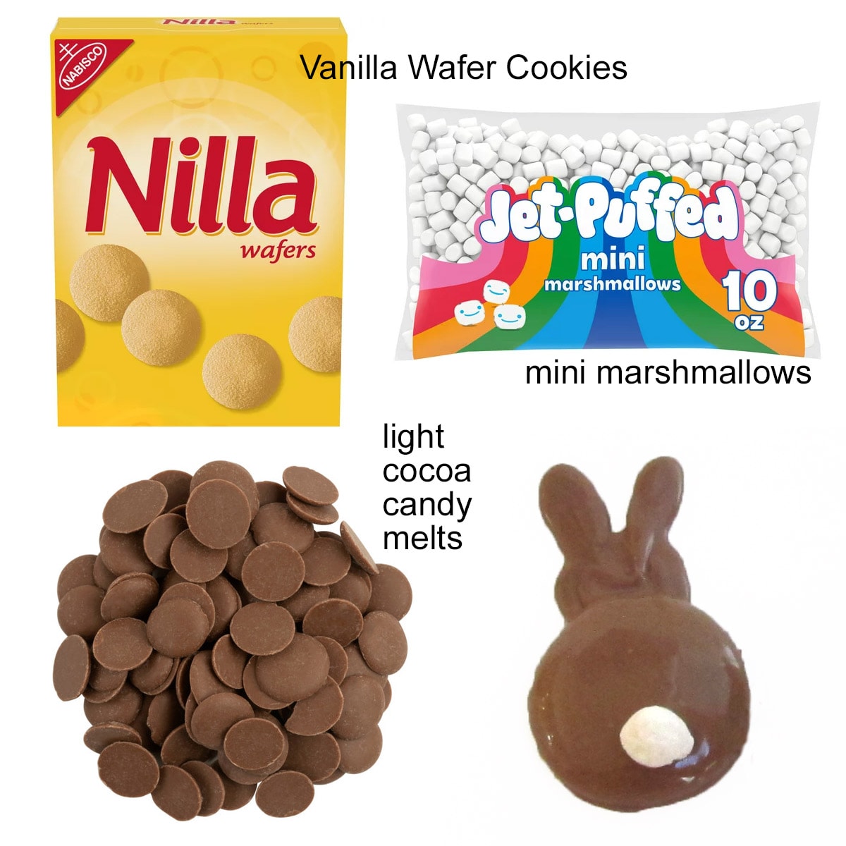 chocolate-dipped bunny cookies ingredients including vanilla wafers, mini marshmallows, and light cocoa candy melts.
