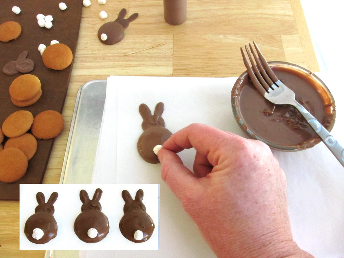 adding a fluffy marshmallow tail to a chocolate bunny cookie.