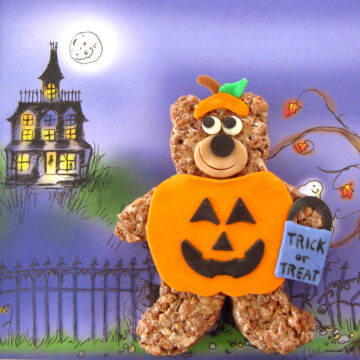 trick or treat Cocoa Krispies Treat Bears dressed up in a modeling chocolate pumpkin costume .
