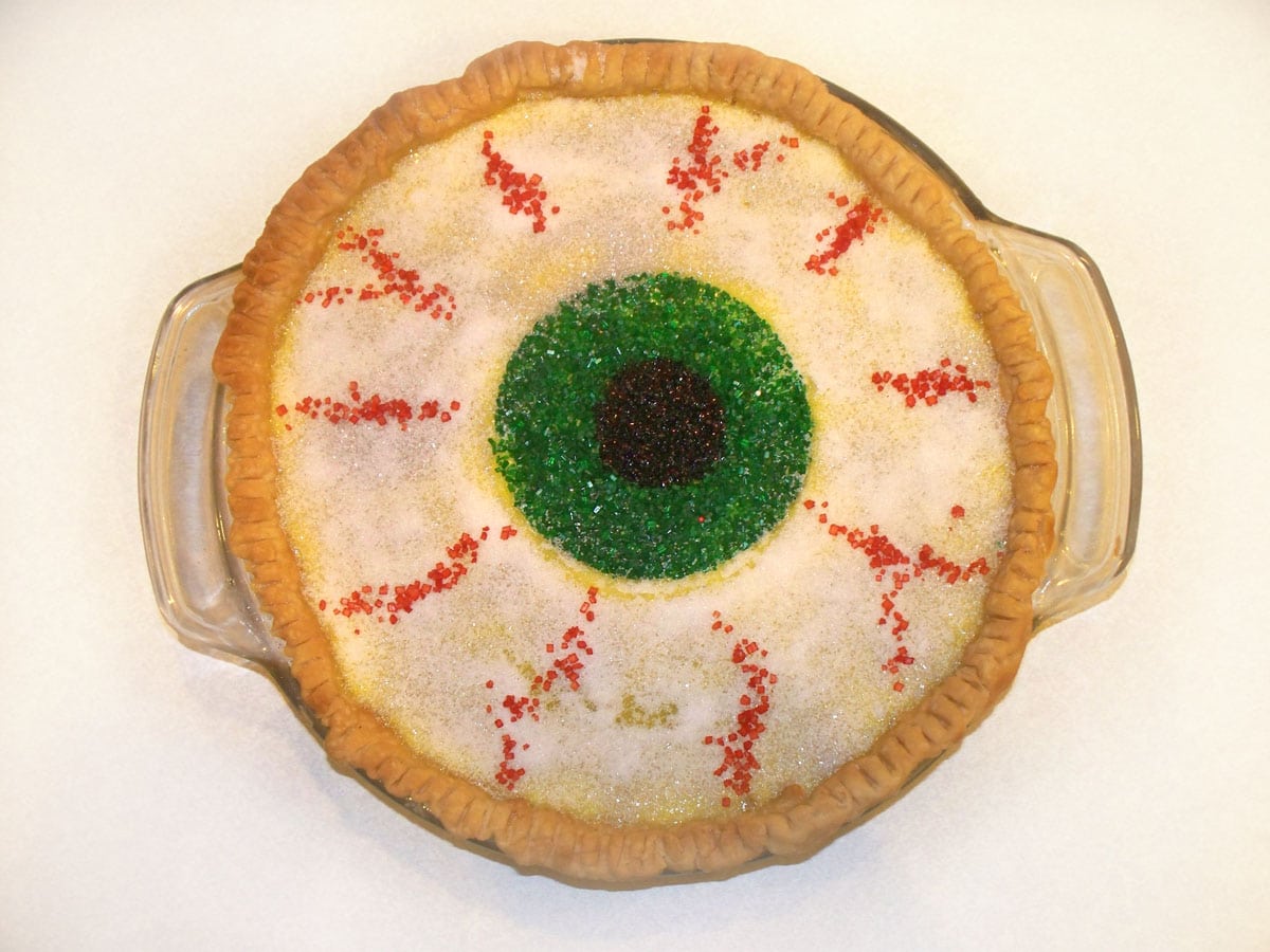 creme brulee pie eyeball Halloween dessert.