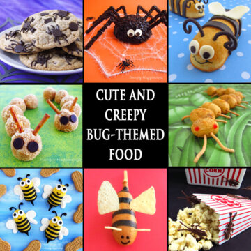 cute and creepy bug-themed food including spider cookies, bumble bee cakes, corn dog butterflies, chocolate roaches, and more.