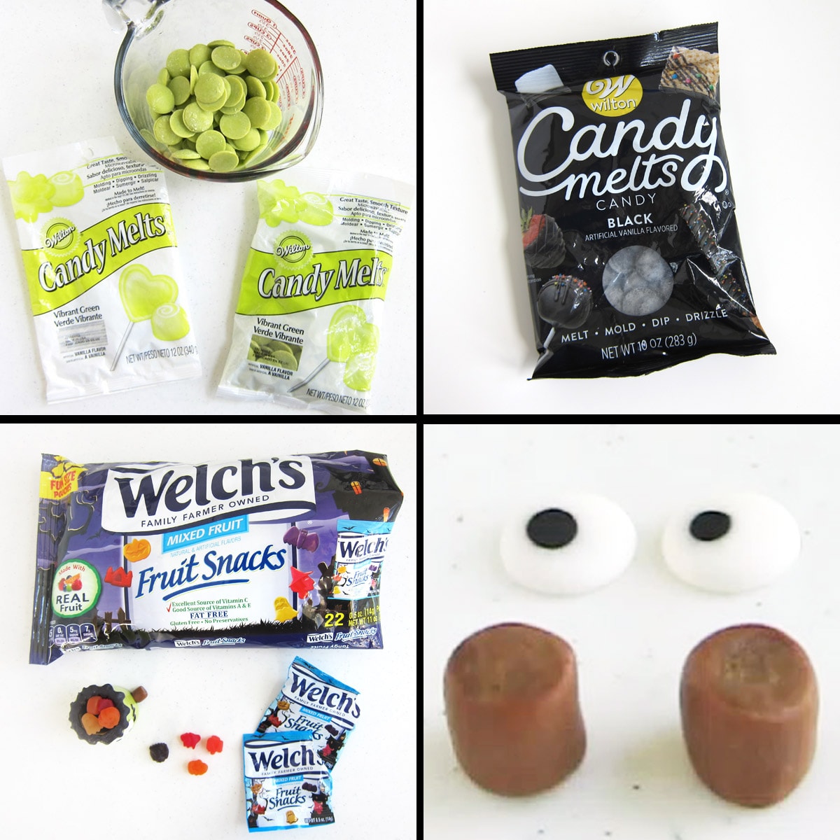 vibrant green candy melts, black candy melts, Welch's Fruit Snacks, candy eyes, and Tootsie Rolls.