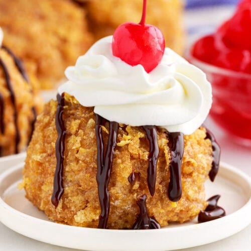 fried ice cream topped with chocolate sauce, whipped cream, and a cherry on top.