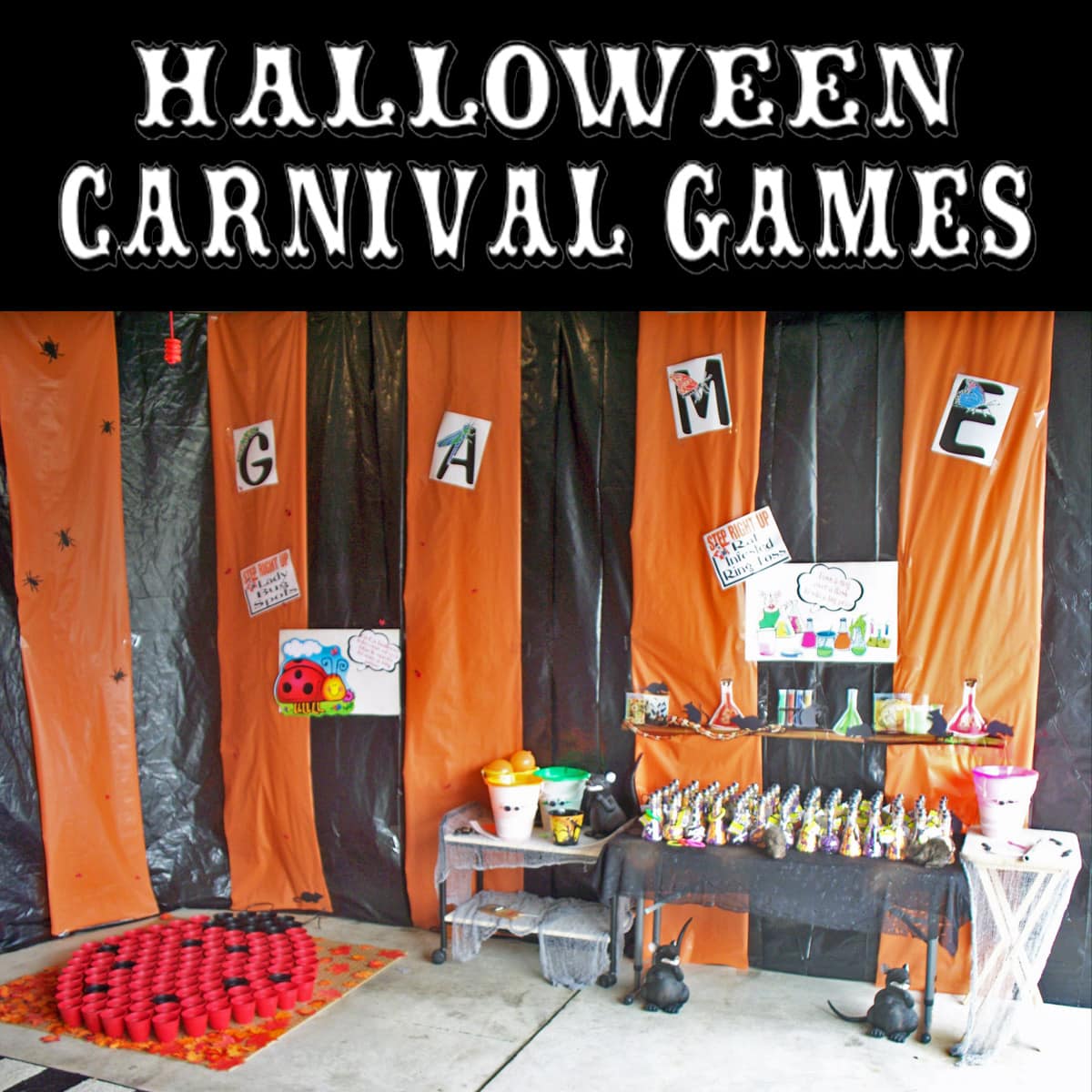 Halloween Carnival Games image featuring a ladybug balloon toss and a rat infested ring toss game.