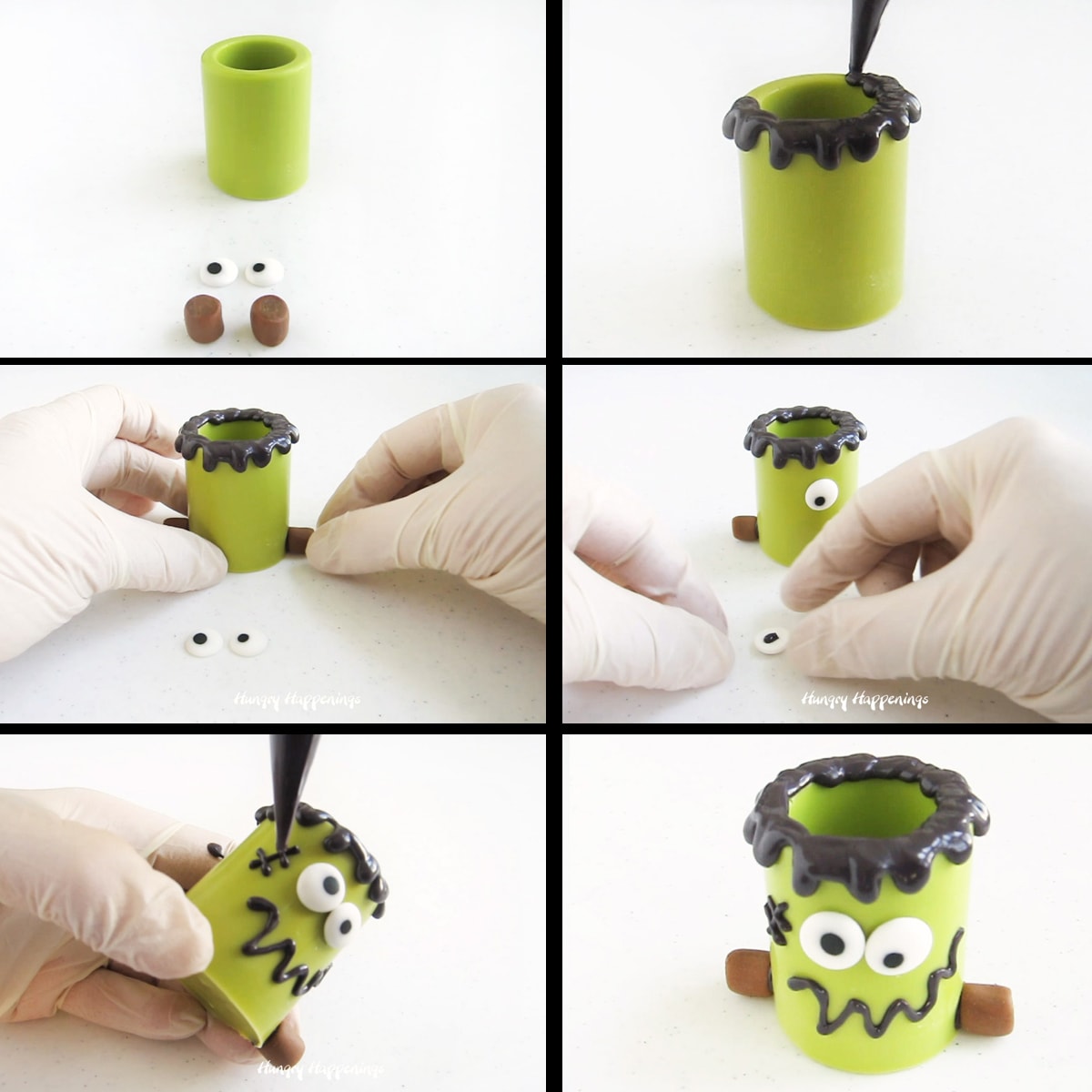 decorating a Frankenstein Candy Cup with black candy melts hair, scar, and smile, two candy eyes, and two Tootsie Roll bolts.