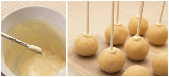 dipping a stick in white candy melts and cake balls with sticks inserted in the center.