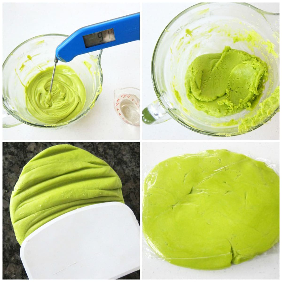 melted green candy melts at 91 degrees Fahrenheit mixed with corn syrup into candy clay.