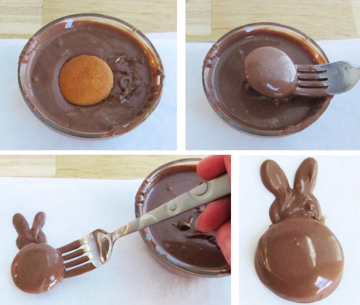 making chocolate-dipped bunny cookies by dipping a vanilla wafer into chocolate and adding it to a chocolate bunny head.