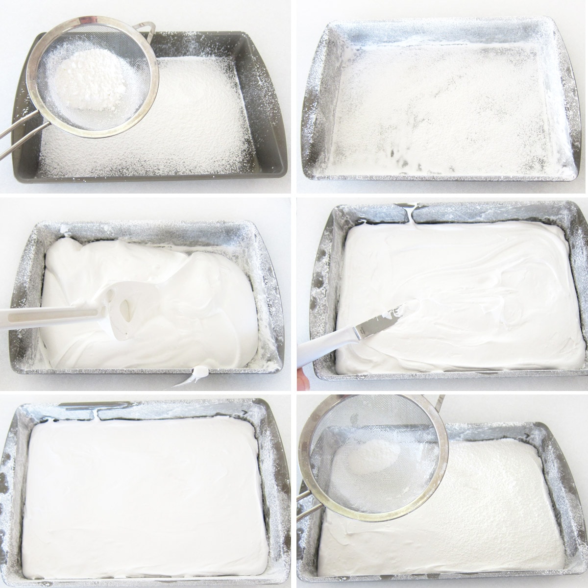 dust a 9x13-inch pan with cornstarch, spread marshmallows into an even layer, dust more cornstarch on top.