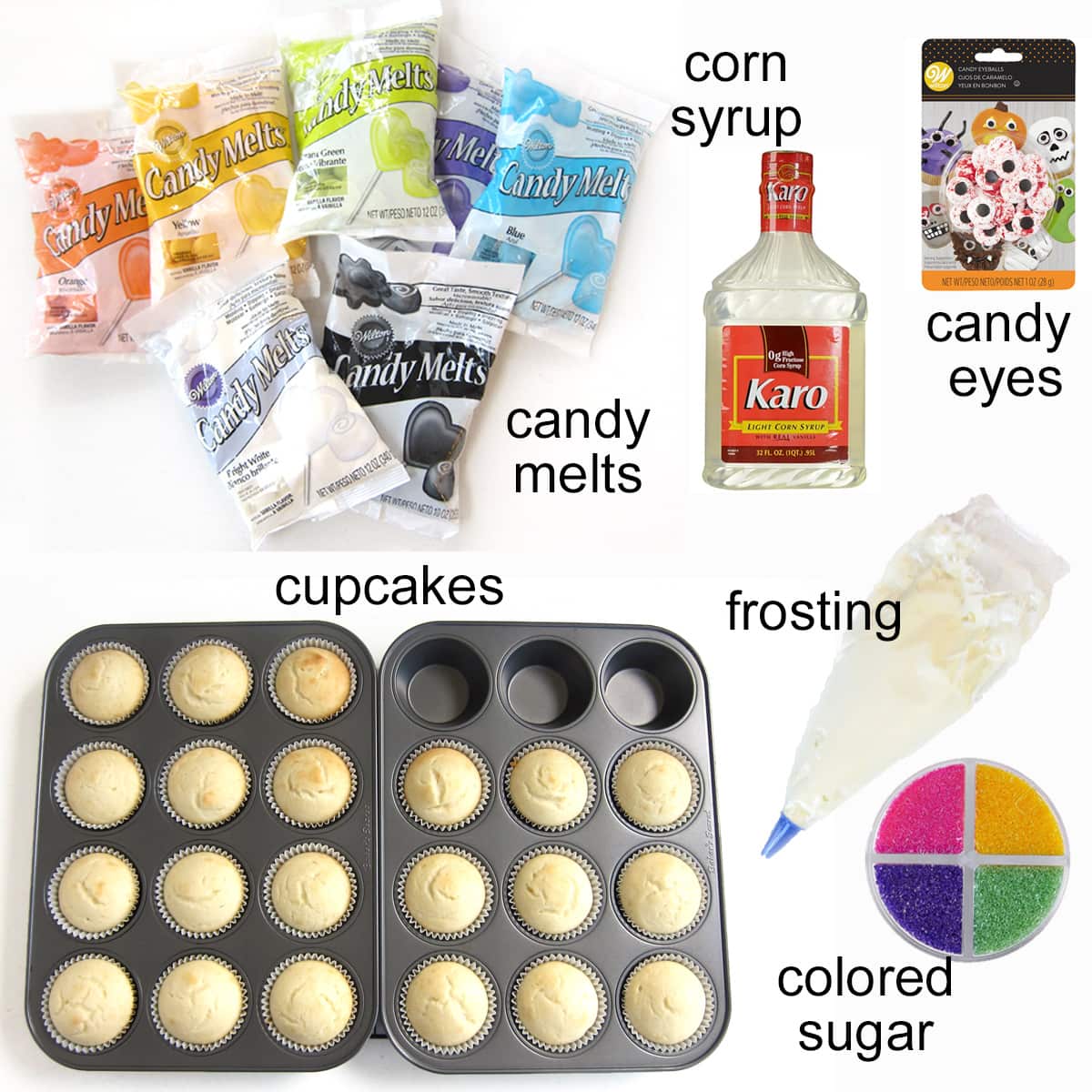 monster cupcakes ingredients including baked cupcakes, candy melts, corn syrup, frosting, colored sugar, and candy eyes.