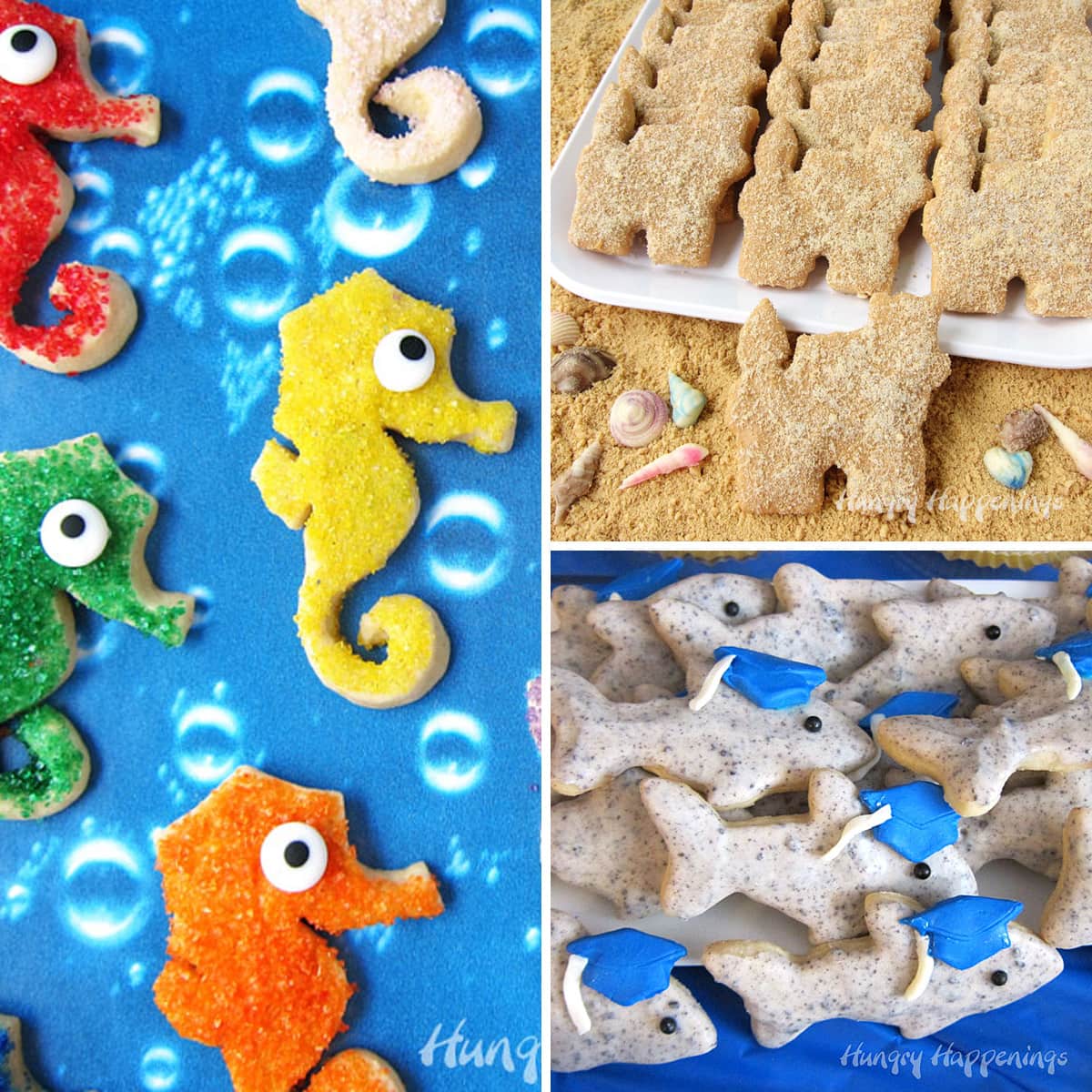 colorful seahorse cookies on a bubble paper, sandcastle cookies on a white plate on cookie crumb sand, and shark cookies topped with grad caps.