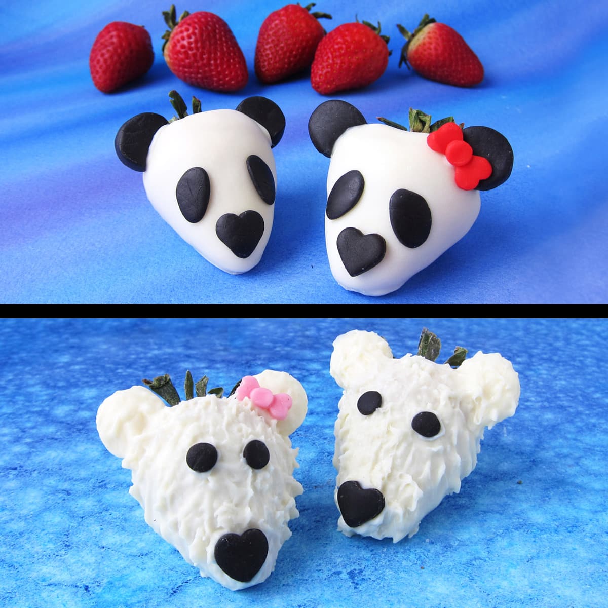 white chocolate-dipped strawberries decorated like pandas and polar bears.