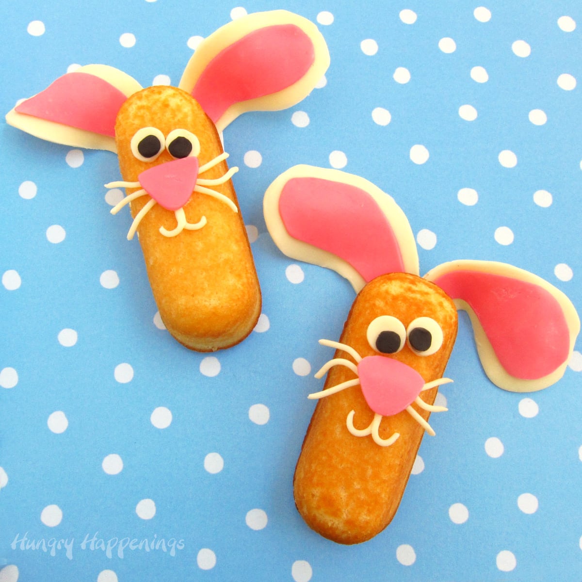 Twinkie Snack Cake Bunnies cute bunny cakes decorated with big floppy ears, cute eyes, and a pink nose.